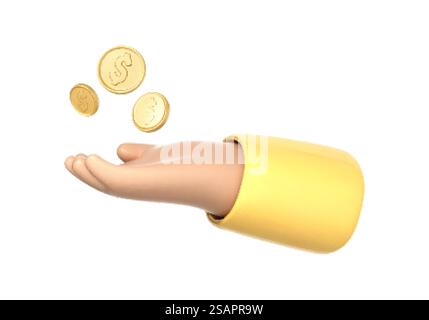 Mano di cartone animato 3D contenente monete d'oro. Risparmio di denaro, pagamento online e concetto aziendale. Illustrazione 3d vettoriale Illustrazione Vettoriale