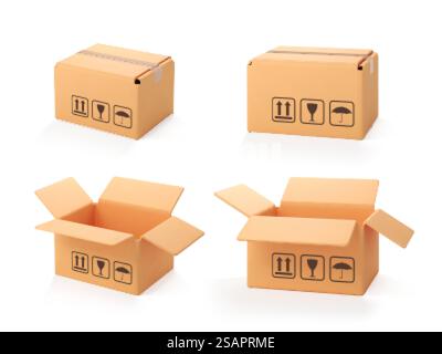 Scatole aperte e chiuse in cartone 3D isolate su sfondo bianco. Consegna vano di carico. Scatola di cartone animato o pacchetto di consegna. 3d vettoriale realistico Illustrazione Vettoriale