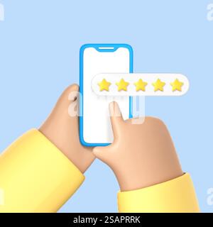 La mano di un cartone animato 3D lascia il feedback sullo schermo del telefono. Impugnatura con cinque stelle sullo smartphone. Recensione positiva degli utenti, tasso, valutazione online. Illustrazione vettoriale 3D. Illustrazione Vettoriale
