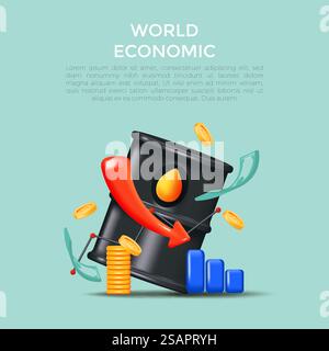 Embargo sul petrolio. Concetto creativo di economia mondiale. Notizie sull'industria petrolifera, grafici dei prezzi. investimenti finanziari. Azioni di scambio per barile. Progettazione 3d realistica. Illustrazione vettoriale Illustrazione Vettoriale