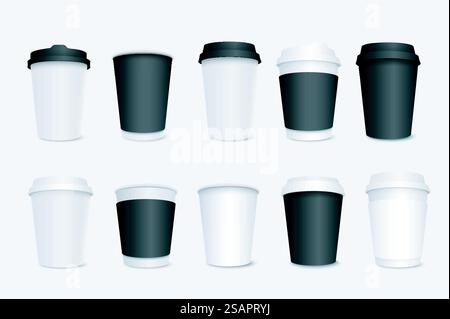 Mega set di tazze da caffè in carta in un design realistico 3D. Impacchettare elementi di contenitori di cartone bianchi e neri con coperchi per bevande a base di latte, moka e cappuccino. Oggetti grafici isolati nell'illustrazione vettoriale Illustrazione Vettoriale