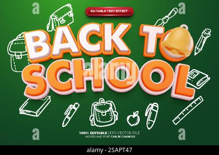 Stile effetto testo modificabile 3D di ritorno a scuola Cartoon Illustrazione Vettoriale
