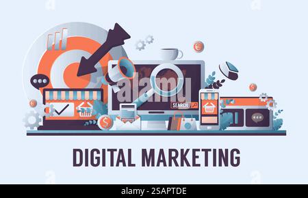 Concetto di marketing digitale con pubblicità online e simboli dei media Illustrazione Vettoriale