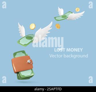 Portafoglio 3D, banconote da dollari con ali bianche e monete d'oro su sfondo blu. Soldi volanti. Concetto di perdita di denaro o spese. Illustrazione vettoriale Illustrazione Vettoriale