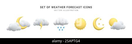 Set di icone meteo 3d realistiche isolate su sfondo bianco. Sole, luna, stella, fulmine, nuvola, gocce di pioggia in stile cartoni animati. Illustrazione vettoriale. Illustrazione Vettoriale