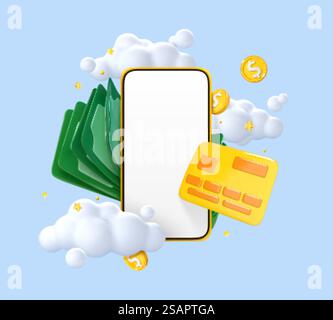 Smartphone cartoon 3D con carta di credito e denaro. Concetto di pagamento online. Applicazione portafoglio elettronico. App bancaria. Trasferire denaro tramite smartphone. Illustrazione vettoriale 3D. Illustrazione Vettoriale