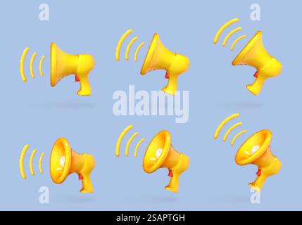 Set di megafono cartoon 3D. Simboli altoparlante. Social media. Pubblicità e promozione. Concetto di tempo di marketing per illustrazioni 3d vettoriali Illustrazione Vettoriale