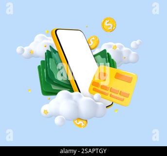 Smartphone cartoon 3D con carta di credito e denaro. Concetto di pagamento online. Applicazione portafoglio elettronico. App bancaria. Trasferire denaro tramite smartphone. Illustrazione vettoriale 3D. Illustrazione Vettoriale