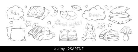 Doodle dorme in sogno. Collezione di nuvole di piume di cuscino disegnate a mano e luna carina. I cuccioli e i gattini a nappatura disegnano. Comode coperte o pile di cuscini isolate. Dolce set da sogno vettoriale. Doodle dorme in sogno. Collezione di nuvole di piume e luna disegnate a mano durante la notte. I cuccioli e i gattini a nappatura disegnano. Comode coperte o pile di cuscini. Dolce set da sogno vettoriale Illustrazione Vettoriale
