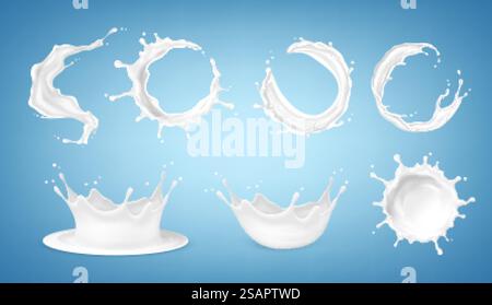 Grande set di schizzi di latte isolati su sfondo blu. Illustrazione vettoriale Illustrazione Vettoriale