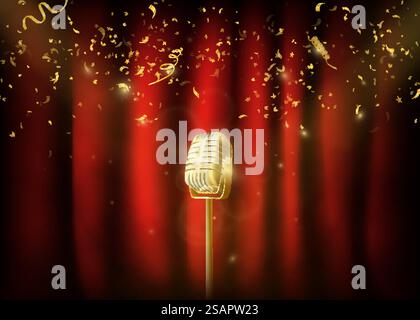 Microfono vintage in metallo dorato. Sfondo rosso a tenda con riflettore. Microfono sul palco vuoto. Spettacolo notturno comico in piedi o karaoke di sottofondo. Coriandoli d'oro che cadono... Microfono vintage in metallo dorato. Sfondo rosso a tendina con spo Illustrazione Vettoriale