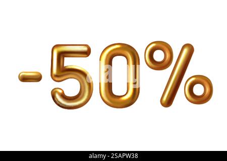 Sconto shopping realistico palloncino dorato meno il cinquanta per cento simbolo . 3D numero 50 lamina metallica dorata con glitter. Sconto del 50% Golden sale. Vendita e promozione pubblicitaria in negozio. Sconti per acquisti realistici di palloncini d'oro meno cento Illustrazione Vettoriale
