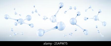 Molecole o atomi astratti 3D su sfondo azzurro. Concetto di biochimica, farmaceutica, bellezza, medico. Conoscenze scientifiche o mediche. Illustrazione vettoriale 3D. Illustrazione Vettoriale