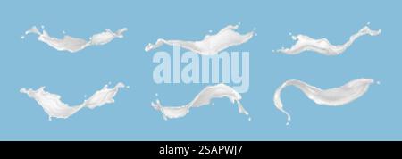 Set di schizzi realistici di latte di varie forme con gocce isolate su sfondo blu. Illustrazione vettoriale realistica Illustrazione Vettoriale