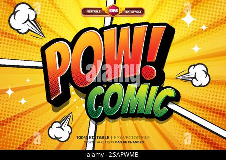 Pow Comic Adventure modello di logo con effetto testo modificabile Illustrazione Vettoriale