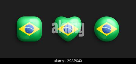 Icone lucide vettoriali 3D della bandiera nazionale del Brasile con forma quadrata, cuore e cerchio arrotondata isolate sullo sfondo. Collezione di bottoni volumetrici di elementi di design grafici brasiliani di segni e simboli. Icone lucide vettoriali 3D della bandiera nazionale del Brasile isolate sullo sfondo Illustrazione Vettoriale