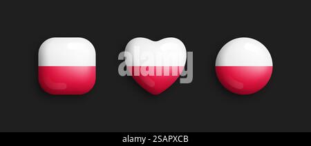 Icone lucide vettoriali 3D della bandiera nazionale della Polonia in forma quadrata arrotondata, a forma di cuore e circolare sullo sfondo. Segni e simboli lucidi elementi grafici da disegno Collezione di bottoni volumetrici. Icone lucide vettoriali 3D della bandiera nazionale della Polonia isolate sullo sfondo Illustrazione Vettoriale