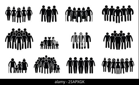 Affollate le persone. Gruppo di persone con silhouette a bastoncino nero, mafia umana con coda e concetto di diversità. Gruppo isolato vettoriale di illustrazione di persone di gruppo. Affollate le persone. Gruppo di persone con silhouette a bastoncino nero, mafia umana con coda e concetto di diversità. Set isolato vettoriale Illustrazione Vettoriale