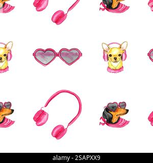 Acquerello senza cuciture con cani: chihuahua, dachshund e cuffie, occhiali a forma di cuore rosa Foto Stock