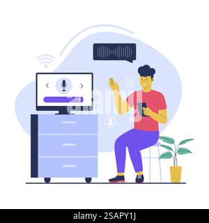 Illustrazione concettuale della tecnologia di assistenza vocale. Illustrazione vettoriale piatta isolata su sfondo bianco Illustrazione Vettoriale