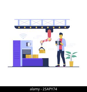 Illustrazione concettuale della tecnologia di automazione dell'industria manifatturiera. industry 4,0 con braccio robotizzato. Illustrazione vettoriale piatta isolata su sfondo bianco Illustrazione Vettoriale