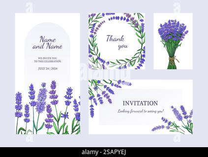 Poster lavanda. Biglietto d'auguri e modelli di invito con mazzi di odorosi fiori da giardino. Piante in fiore viola. Set di striscioni da festa con erbe in fiore. Brochure e volantini floreali vettoriali. Poster lavanda. Biglietto d'auguri e invito con mazzi di odorosi fiori da giardino. Piante in fiore viola. Set di striscioni da festa con erbe in fiore. Brochure e volantini vettoriali Illustrazione Vettoriale