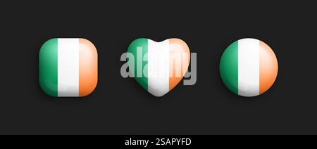Icone lucide vettoriali 3D bandiera nazionale dell'Irlanda in forma quadrata arrotondata, a forma di cuore e circolare sullo sfondo. Collezione di bottoni volumetrici di elementi di design grafici e simboli irlandesi. Irlanda bandiera nazionale ufficiale 3D Vector icona lucida isolata su sfondo nero Illustrazione Vettoriale