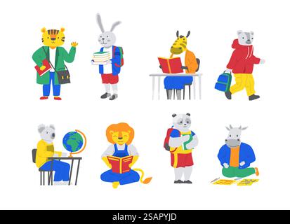 Animali da scuola. Personaggi dei cartoni animati con libri e zaini. Una tigre carina e un panda studiano in classe. Felice zebra o leone leggono libri di testo. Gli allievi divertenti disegnano e imparano la geografia. Set vettoriale per scolari. Animali da scuola. Personaggi dei cartoni animati con libri e zaini. Tigre e panda studiano in classe. Felice zebra o leone leggono libri di testo. Gli alunni disegnano e imparano la geografia. Set vettoriale per scolari Illustrazione Vettoriale