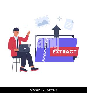 Informazioni sull'illustrazione del file Estrai. file zip. illustrazione vettoriale piatta Illustrazione Vettoriale