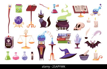 Magic tools. Wizards equipment and animals companions. Wide brimmed hat or cauldron with magical potion. Witchcraft spells book and elixirs. Ball of predictions. Vector alchemy or sorcery elements set. Magic tools. Wizards equipment and animals companions. Witchcraft spells book and elixirs. Wide brimmed hat or potion cauldron. Ball of predictions. Vector alchemy or sorcery elements set Illustrazione Vettoriale