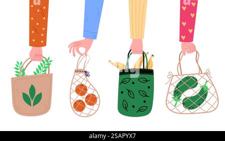 Le mani tengono le borse ecologiche. Braccia umane diverse possono contenere stringhe vuote, sacchetti di tessuto e carta con frutta e verdura, prodotti multiuso, imballaggi riutilizzabili in cotone organico, zero rifiuti, set isolato vettoriale. Le mani tengono le borse ecologiche. Braccia umane diverse possono contenere stringhe vuote, sacchetti di tessuto e carta con frutta e verdura, prodotti multiuso, imballaggi riutilizzabili organici in cotone, set isolato vettoriale Illustrazione Vettoriale