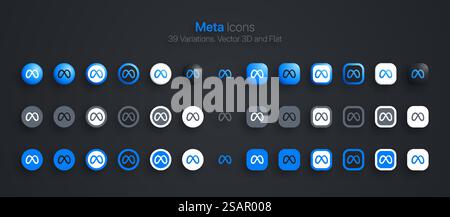 Icona meta Vector Set 3D moderno e Flat in diverse varianti. Logo metaverse di Social Media Network Illustrazione Vettoriale