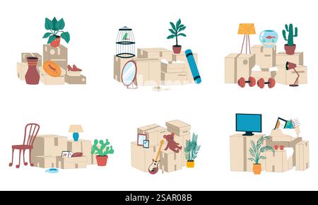 Spostamento delle scatole. Pile di cartoni animati e pile di pacchi di cartone quadrati e oggetti confezionati per il trasferimento in un nuovo appartamento. Servizio di spedizione o trasporto merci. Allontanamento di famiglia. Set di confezioni vettoriali. Spostamento delle scatole. Pile e pile di pacchi di cartone e oggetti imballati per il trasferimento in un nuovo appartamento. Servizio di spedizione o trasporto merci. Allontanamento di famiglia. Set di confezioni vettoriali Illustrazione Vettoriale
