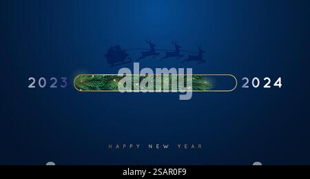 Barra di carico dorata per l'anno nuovo. 2024 anni di progresso. Conto alla rovescia, schermata di download. Carico sotto forma di rami di alberi di Natale. Illustrazione Vettoriale