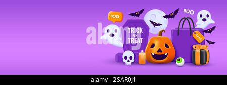 Modello di sfondo 3D Halloween con spazio per il testo. Elemento di design Halloween in stile cartoni animati 3D e plastica. Zucca di Halloween in stile 3D per poster, striscioni, biglietti d'auguri. Illustrazione vettoriale 3D. Illustrazione Vettoriale