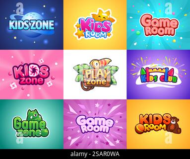 Zona bambino. Banner cartoni animati per sala giochi per bambini. Poster colorati per bambini con scritte e divertenti mascotte. Sale giochi per l'intrattenimento. Parchi giochi per ragazzi e ragazze. Mockup di volantini luminosi e squadrati vettoriali. Zona bambino. Banner cartoni animati per sala giochi per bambini. Poster colorati con scritte e divertenti mascotte. Sale di intrattenimento. Parchi giochi per ragazzi e ragazze. Mockup di volantini luminosi e squadrati vettoriali Illustrazione Vettoriale