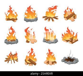 Falò. Camino da esterno a cartoni animati con tronchi in fiamme, fuoco di bastoni di legno rami e carboni, caminetto della foresta, fuoco spento con fumo, accogliente legna da ardere autunnale. Set isolato vettoriale. Falò. Camino da esterno a cartoni animati con tronchi in fiamme, fuoco di bastoni di legno rami e carboni, fuoco spento con fumo, accogliente legna da ardere autunnale. Set isolato vettoriale Illustrazione Vettoriale