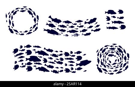 Scuola di pesce. Silhouette nera di animali subacquei. Tonno marino e oceanico che galleggia nel turbinio di tiro. Colonia di piccole creature marine. Cerchio decorativo vettoriale e elementi di bordo in stile nautico. Scuola di pesce. Silhouette nera di animali subacquei. Tonno marino e oceanico che galleggia nel turbinio di tiro. Colonia di creature marine. Cerchio vettoriale e elementi di bordo impostati in stile nautico Illustrazione Vettoriale