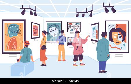 Galleria d'arte. Personaggi dei cartoni animati alla mostra del museo che guarda dipinti e opere d'arte, turisti in festival. Illustrazioni vettoriali esposizione contemporanea visitatori galleria d'arte museale. Galleria d'arte. Personaggi dei cartoni animati alla mostra del museo che guarda dipinti e opere d'arte, turisti in festival. Vector Contemporary Exposition Visitors Illustrazione Vettoriale