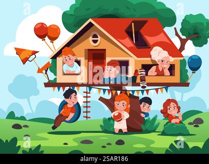 Children in house on tree. Cartoon cute and cozy kids playground with wooden shed on branch. Happy characters climbing and running. Boys and girls playing together in treehouse. Vector illustration. Children in house on tree. Cute and cozy kids playground with wooden shed on branch. Happy characters climbing and running. Boys and girls playing in treehouse. Vector illustration Illustrazione Vettoriale