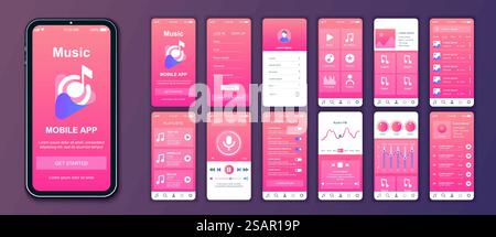 Set di template per le schermate dell'interfaccia dell'app mobile Music. Account online, playlist, raccolta brani, lettore, impostazioni equalizzatore, ricerca album. Pacchetto di UI, UX, kit GUI per il layout Web dell'applicazione. Progettazione vettoriale. Illustrazione Vettoriale