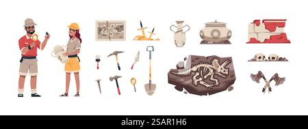 Paleontologia dei cartoni animati. Antico fossile con ossa e tesori. Gli esploratori cercano e scoprono scheletri di dinosauro. Gli archeologi scavano manufatti. Scavi storici. Studio vettoriale e set scientifico. Paleontologia dei cartoni animati. Antico fossile con ossa e tesori. Gli archeologi scavano manufatti. Gli esploratori cercano scheletri di dinosauro. Scavi storici. Studio vettoriale e set scientifico Illustrazione Vettoriale