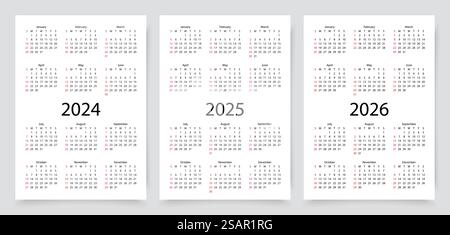 calendario 2024, 2025, 2026. Disposizione del calendario tascabile. La settimana inizia domenica. Organizzatore annuale con 12 mesi.. calendari 2024, 2025 e 2026. Modello calendario con 12 mesi. Illustrazione vettoriale. Illustrazione Vettoriale