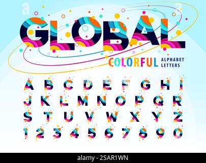 Astratto colorato globale all'interno di lettere e numeri alfabetici, moderni cerchi di colore font, lettere alfabetiche in stile bolla Set design per festeggiare, feste, moda. Festival, intrattenimento, Globe, Planet, Earth, fiera del divertimento Illustrazione Vettoriale