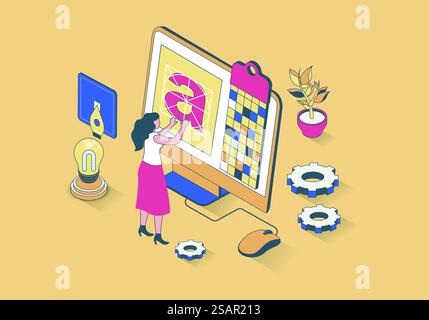 Concept di studio di progettazione in progettazione isometrica 3D. Donna che crea logo per il branding, disegna contenuti digitali e seleziona la tavolozza dei colori. Illustrazione vettoriale con scene di persone isometriche per grafica Web Illustrazione Vettoriale