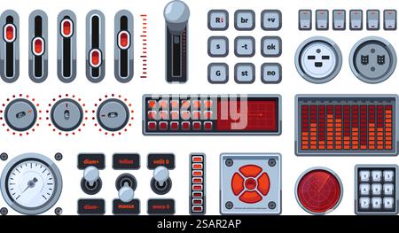 Elementi UI. Pannelli di controllo dashboard interruttori pulsanti cornici maniglie di volume regolatori comparatori sagome vettoriali set di colori. Immagine dell'elemento di comando dell'interruttore. Elementi UI. Pannelli di controllo dashboard interruttori pulsanti cornici maniglie di volume regolatori comparatori sagome vettoriali set di colori Illustrazione Vettoriale
