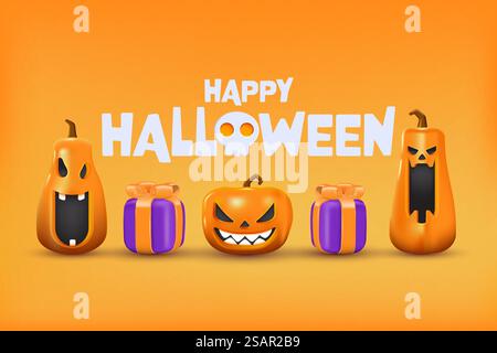 Modello di sfondo 3D Halloween con testo Happy Halloween. Elemento di design Halloween in stile cartoni animati 3D e plastica. Zucca di Halloween in stile 3D per poster, striscioni, biglietti d'auguri. Illustrazione vettoriale 3D. Illustrazione Vettoriale