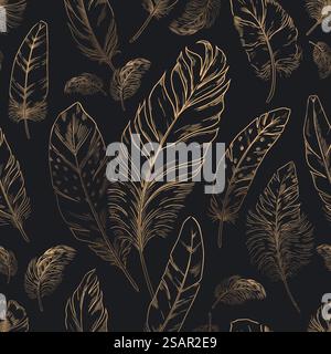 Motivo piuma. Texture senza cuciture con guanciali di uccelli disegnati a mano. Schizzo Golden Plumage. Stampa in tessuto nero con elementi ad ala di animali. Cigno o pennacchio d'oca. Sfondo decorativo vettoriale di lusso. Motivo piuma. Texture senza cuciture con guanciali di uccelli disegnati a mano. Schizzo Golden Plumage. Stampa in tessuto nero con elementi ad ala di animali. Cigno o pennacchio d'oca. Sfondo decorazione vettoriale Illustrazione Vettoriale