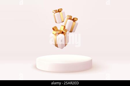 Scena del podio del prodotto in stile natalizio 3d con scatola regalo bianca cadente volante con fiocco d'oro. Buon Natale e nuovo anno, design banner festivo, biglietto di auguri. rendering 3d. Illustrazione vettoriale. Scena 3d natalizia del podio Illustrazione Vettoriale