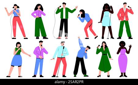 Personaggi dei cantanti. Cantanti di cartoni animati con microfono in pose diverse, artisti folk tradizionali con voce cantante per la creazione di inviti alle feste. Set vettoriale di cantante donna e illustrazione canora. Personaggi dei cantanti. Cantanti di cartoni animati con microfono in pose diverse, artisti folk tradizionali con voce cantante per la creazione di inviti alle feste. Gruppo vettoriale Illustrazione Vettoriale